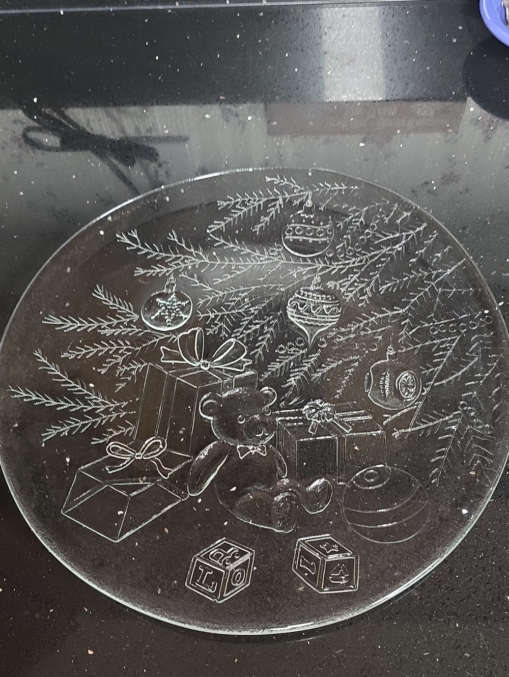 Vintage. Clear Glass Holiday Decorative Plate with Etched Toy Design